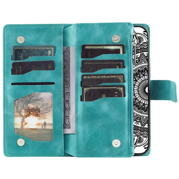 Style 006 For Motorola Moto G85 5G / S50 Neo 5G Case Zipper Pocket Leather Phone Bag Cover Mandala Flower - Mint Green