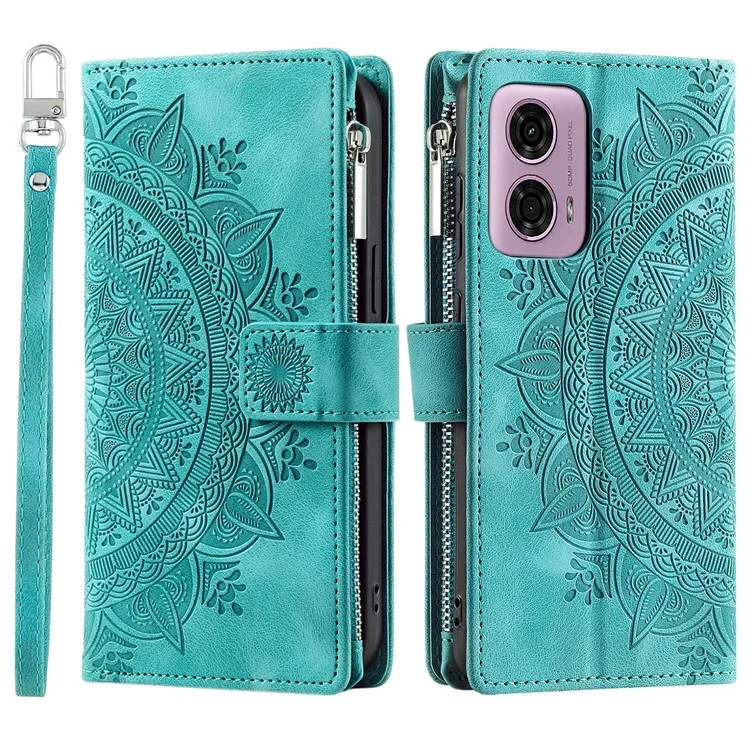 Style 006 For Motorola Moto G85 5G / S50 Neo 5G Case Zipper Pocket Leather Phone Bag Cover Mandala Flower - Mint Green