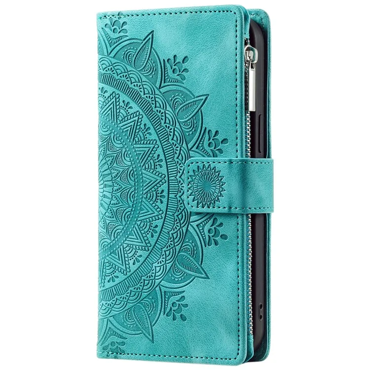 Style 006 For Motorola Moto G85 5G / S50 Neo 5G Case Zipper Pocket Leather Phone Bag Cover Mandala Flower - Mint Green
