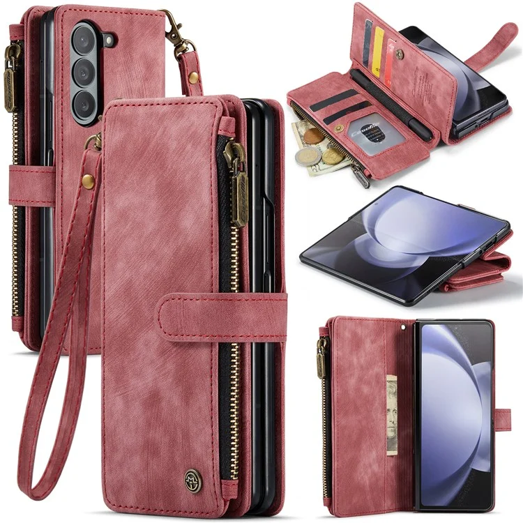 CASEME C30 Série pour Samsung Galaxy Z Fold6 5G Étui en cuir pour téléphone avec 5 emplacements pour cartes - Rouge