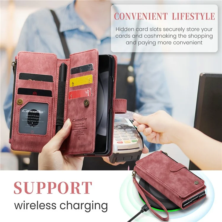 CASEME C30 Série pour Samsung Galaxy Z Fold6 5G Étui en cuir pour téléphone avec 5 emplacements pour cartes - Rouge