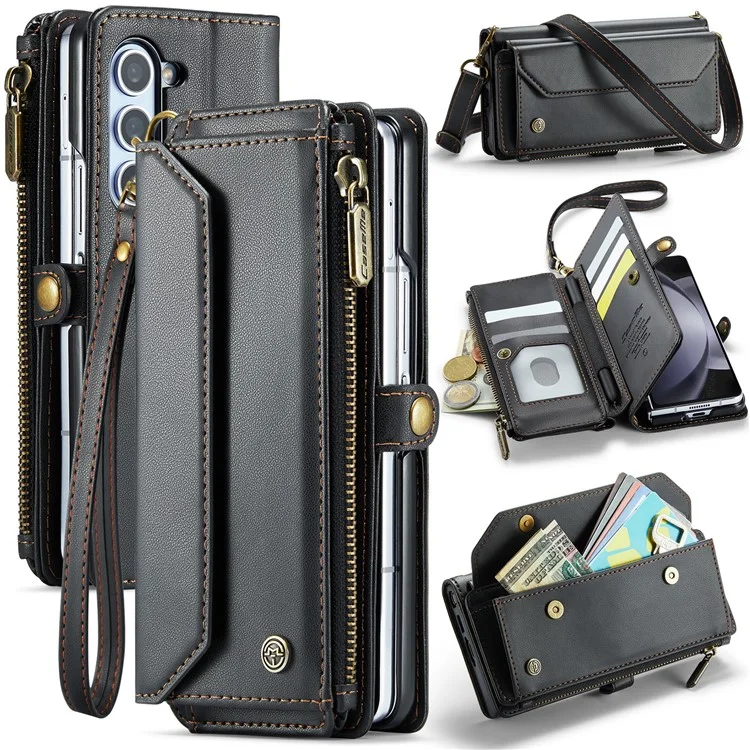 CASEME C36 Series Per Samsung Galaxy Z Fold6 5G Custodia in Pelle con 5 Slot per Schede / Tracolla - Nero