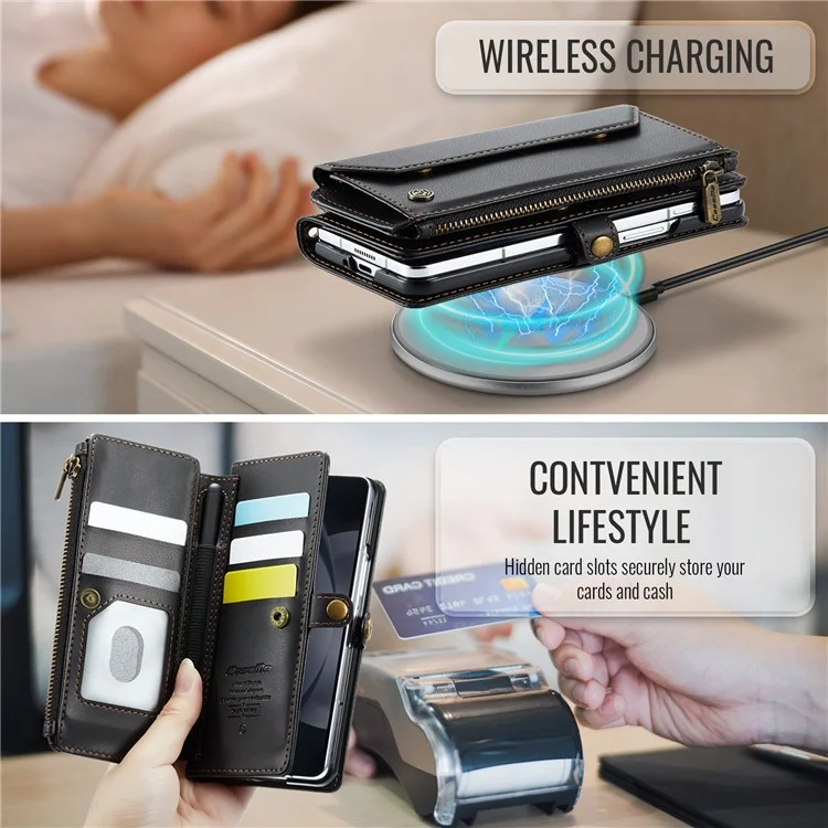 CASEME C36 Series Per Samsung Galaxy Z Fold6 5G Custodia in Pelle con 5 Slot per Schede / Tracolla - Nero
