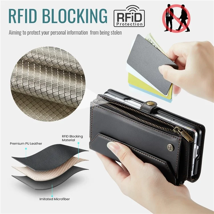 CASEME C36 Series Per Samsung Galaxy Z Fold6 5G Custodia in Pelle con 5 Slot per Schede / Tracolla - Nero