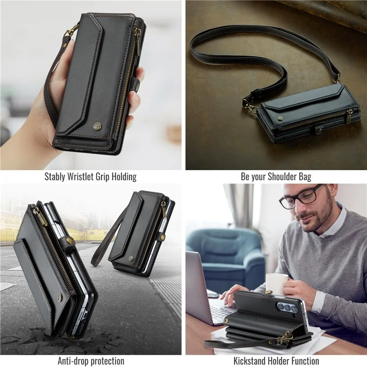 CASEME C36 Series Per Samsung Galaxy Z Fold6 5G Custodia in Pelle con 5 Slot per Schede / Tracolla - Nero