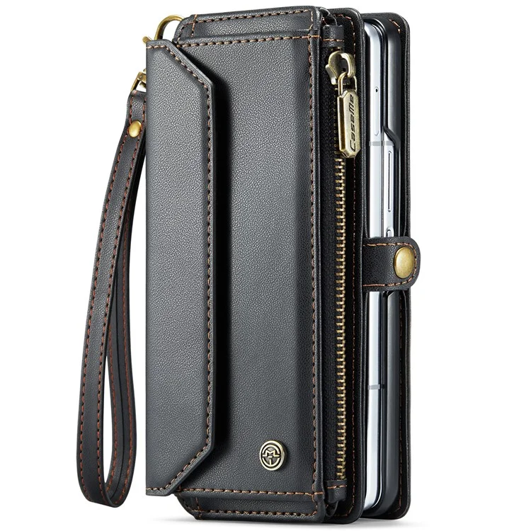 CASEME C36 Series Per Samsung Galaxy Z Fold6 5G Custodia in Pelle con 5 Slot per Schede / Tracolla - Nero