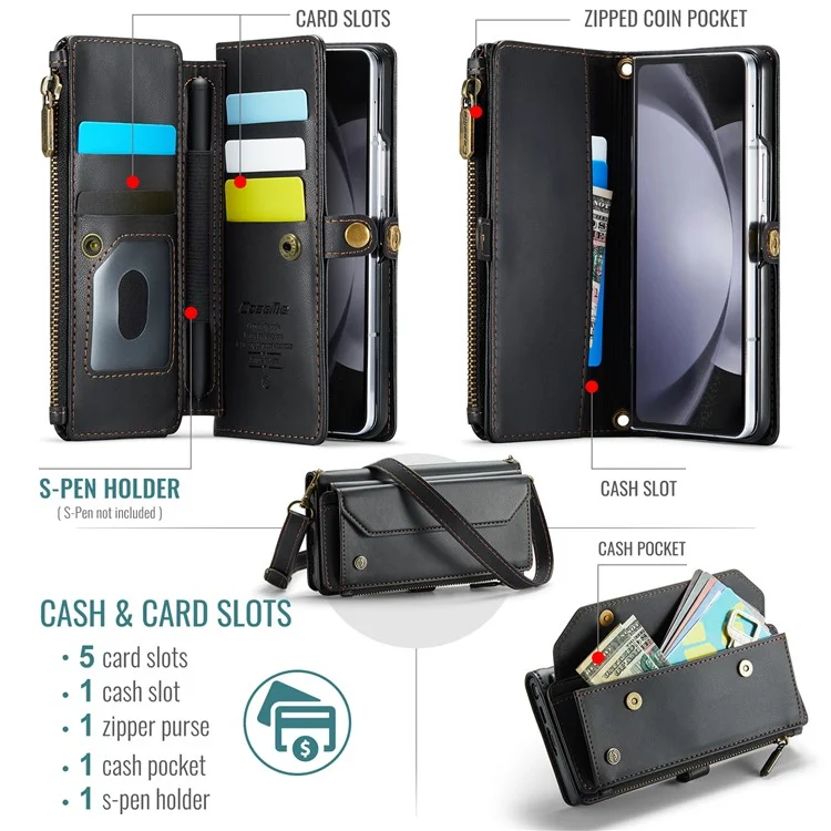 CASEME C36 Series Per Samsung Galaxy Z Fold6 5G Custodia in Pelle con 5 Slot per Schede / Tracolla - Nero