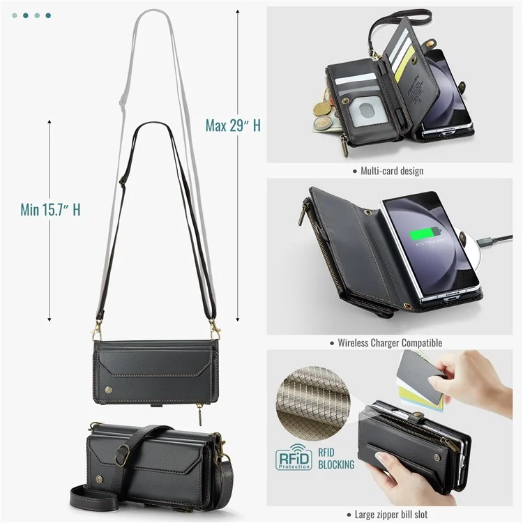CASEME C36 Series Per Samsung Galaxy Z Fold6 5G Custodia in Pelle con 5 Slot per Schede / Tracolla - Nero