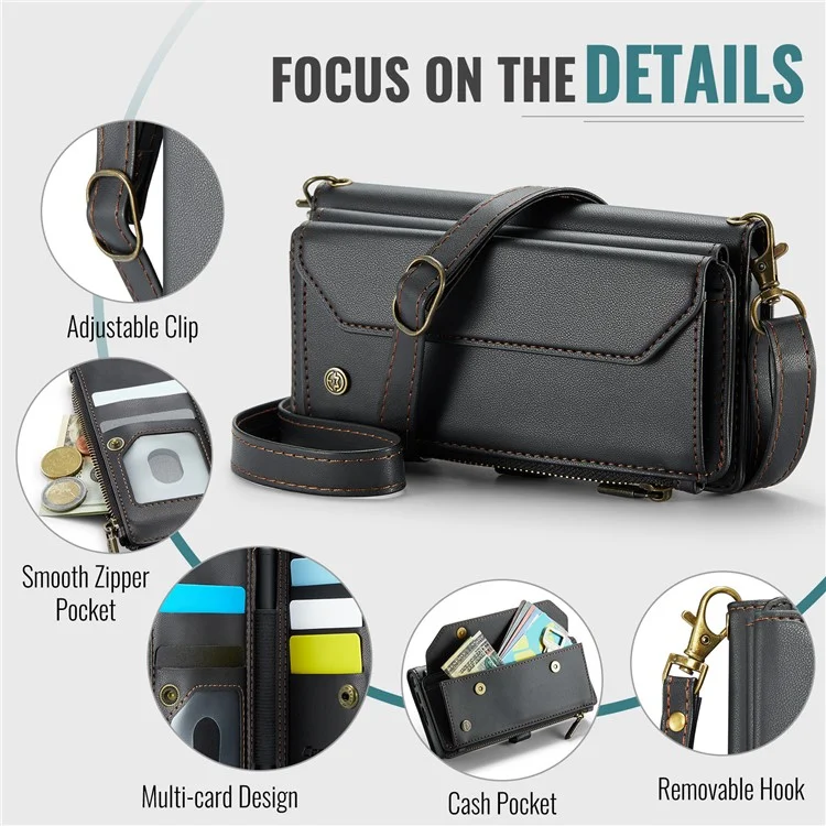 CASEME C36 Series Per Samsung Galaxy Z Fold6 5G Custodia in Pelle con 5 Slot per Schede / Tracolla - Nero