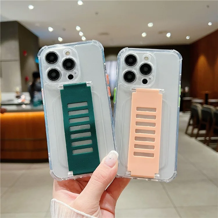 For iPhone 14 Pro Max Clear Case TPU Phone Protective Cover Wrist Strap Grip Loop - Red