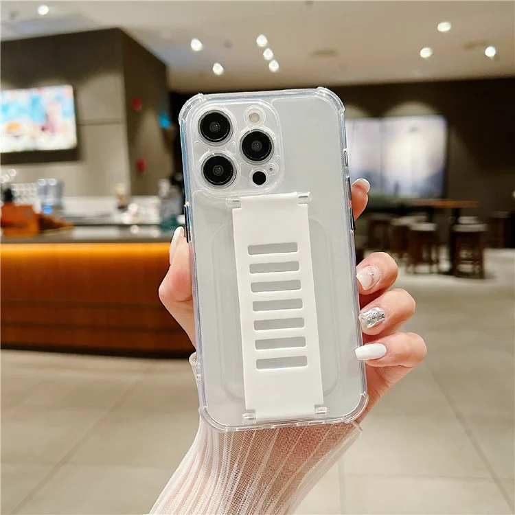 For iPhone 14 Pro  Case with Wrist Strap Anti-Scratch TPU Clear Phone Cover - White