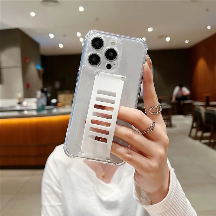 For iPhone 14 Pro  Case with Wrist Strap Anti-Scratch TPU Clear Phone Cover - White