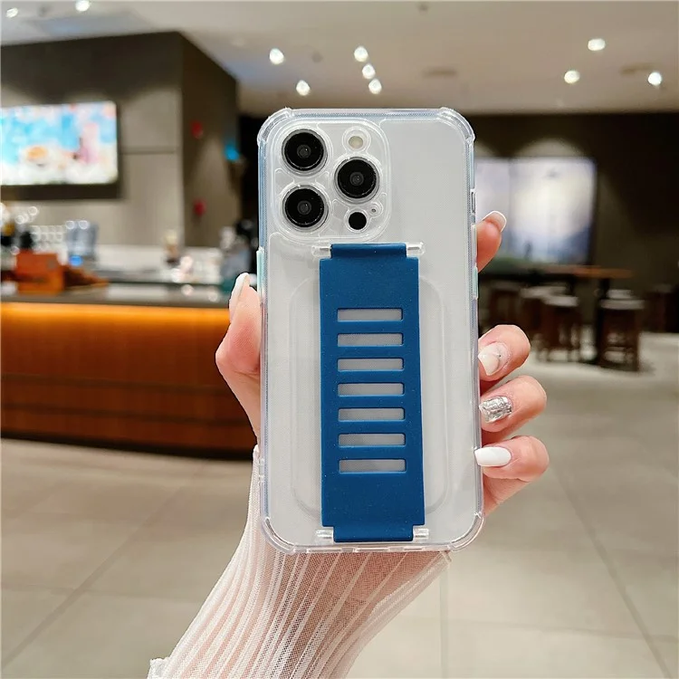 For iPhone 14 Pro  Case with Wrist Strap Anti-Scratch TPU Clear Phone Cover - Blue