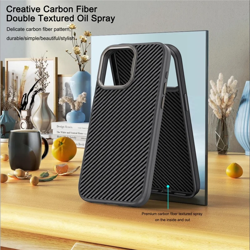 IPAKY Para iPhone 15 Plus Capa TPU Textura de Fibra de Carbono Capa de Telefone Armação de Metal da Lente - Preto