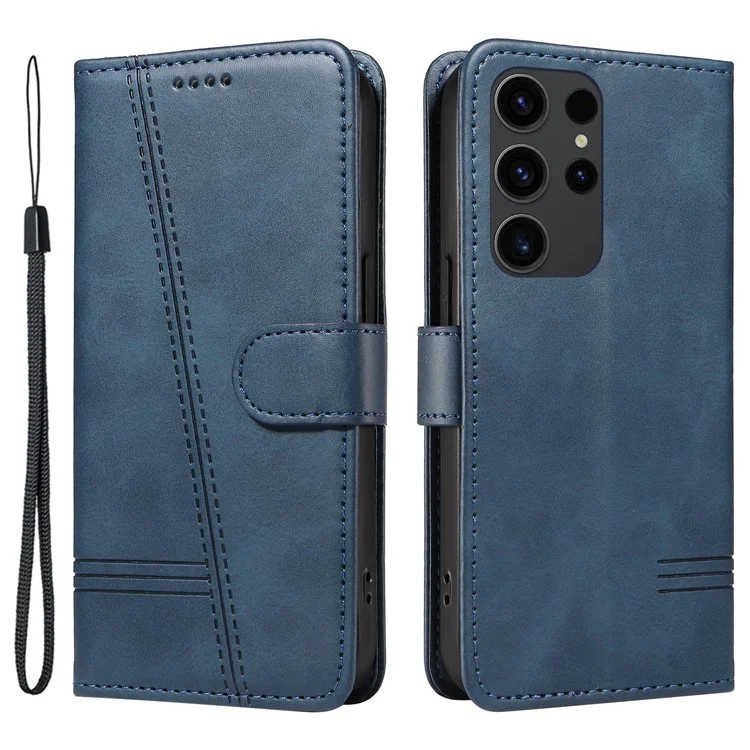 For Samsung Galaxy S23 Ultra Case Leather+TPU Wallet Phone Cover T-Shaped Lines - Blue