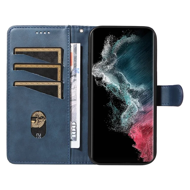 For Samsung Galaxy S23 Ultra Case Leather+TPU Wallet Phone Cover T-Shaped Lines - Blue