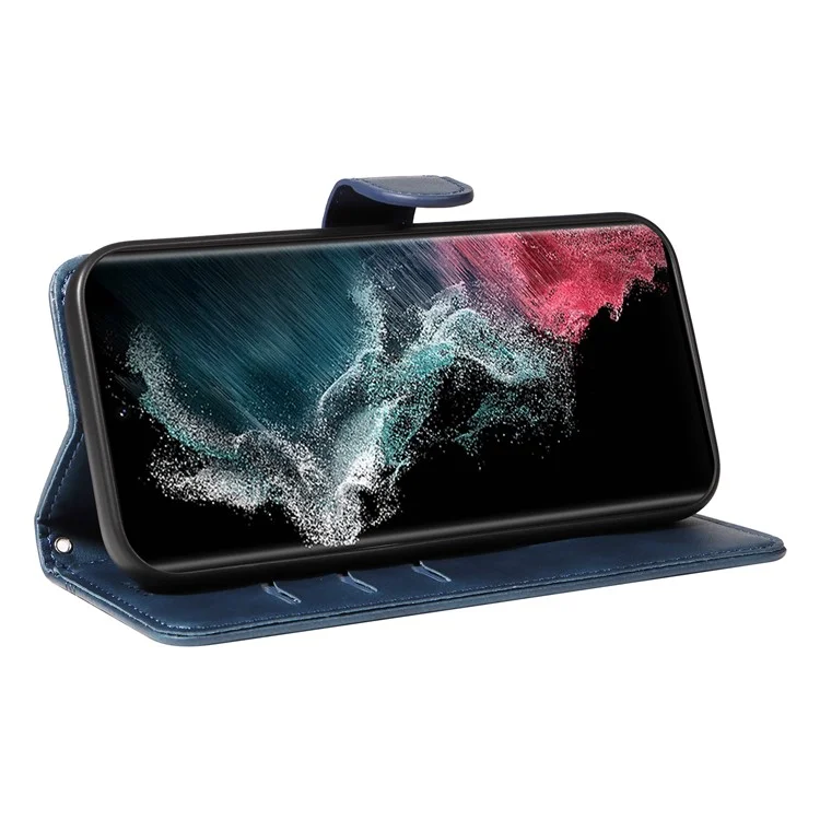 For Samsung Galaxy S23 Ultra Case Leather+TPU Wallet Phone Cover T-Shaped Lines - Blue