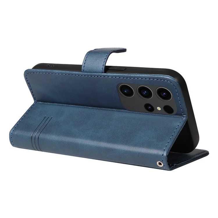 For Samsung Galaxy S23 Ultra Case Leather+TPU Wallet Phone Cover T-Shaped Lines - Blue