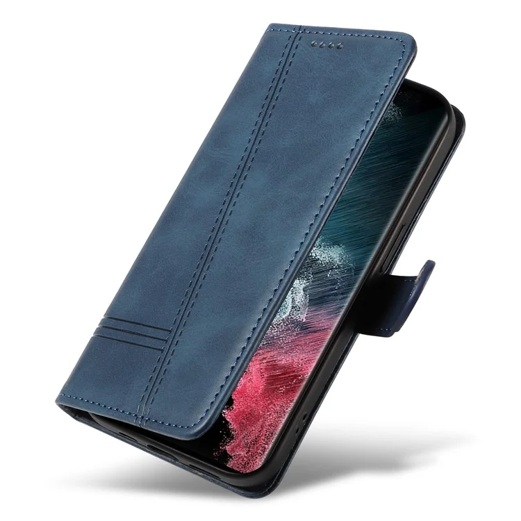 For Samsung Galaxy S23 Ultra Case Leather+TPU Wallet Phone Cover T-Shaped Lines - Blue