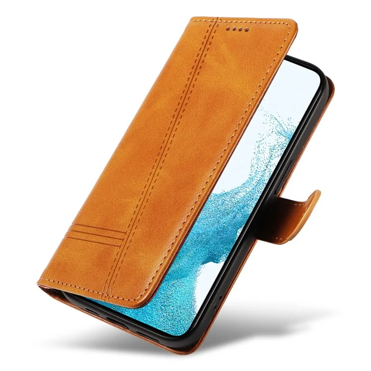For Samsung Galaxy S21 FE 5G Case Imprinting Lines Wallet Leather Phone Cover - Yellow