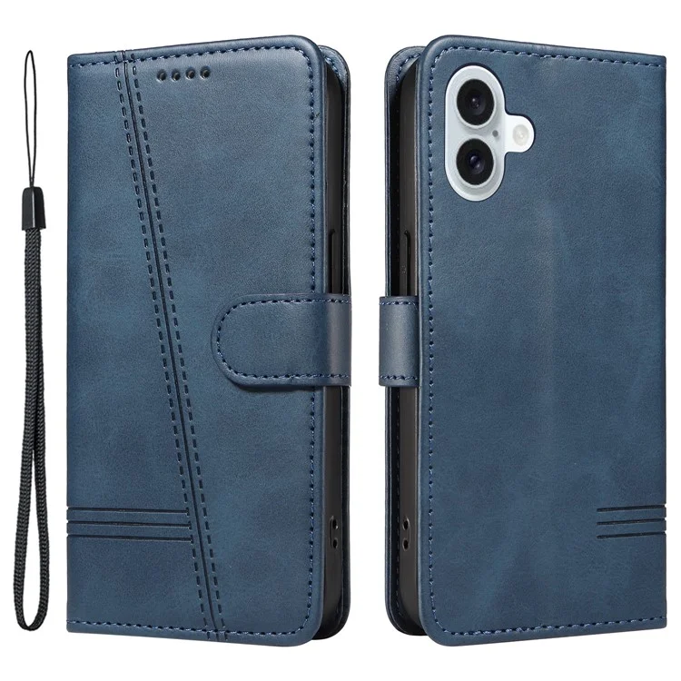 For iPhone 16 Plus Leather Case T-Shaped Lines Flip Phone Cover - Blue