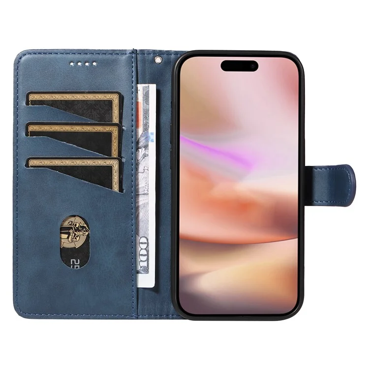For iPhone 16 Plus Leather Case T-Shaped Lines Flip Phone Cover - Blue