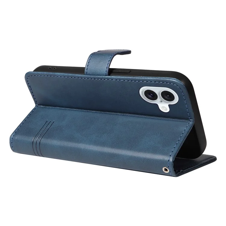For iPhone 16 Plus Leather Case T-Shaped Lines Flip Phone Cover - Blue