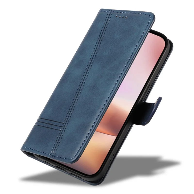 For iPhone 16 Plus Leather Case T-Shaped Lines Flip Phone Cover - Blue