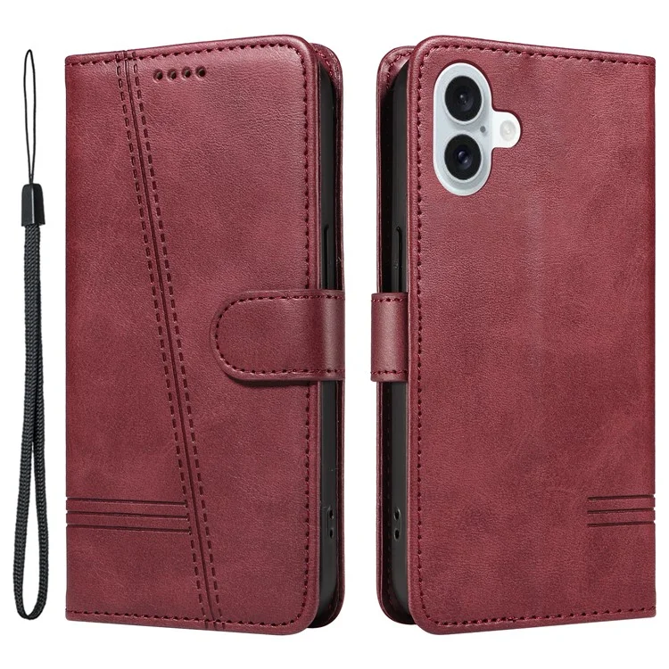 Für iPhone 16 Case Wallet PU Leder Folio Flip Handyhülle T-förmige Linien - Weinrot
