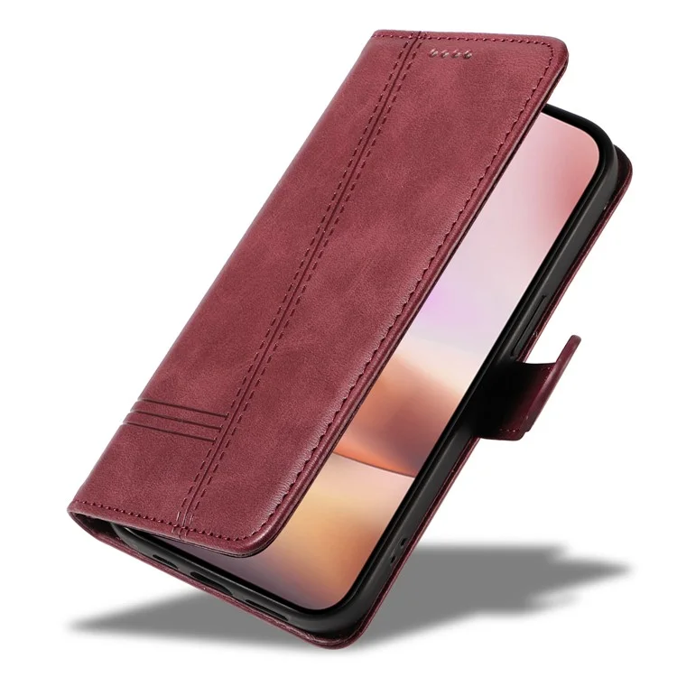 Für iPhone 16 Case Wallet PU Leder Folio Flip Handyhülle T-förmige Linien - Weinrot