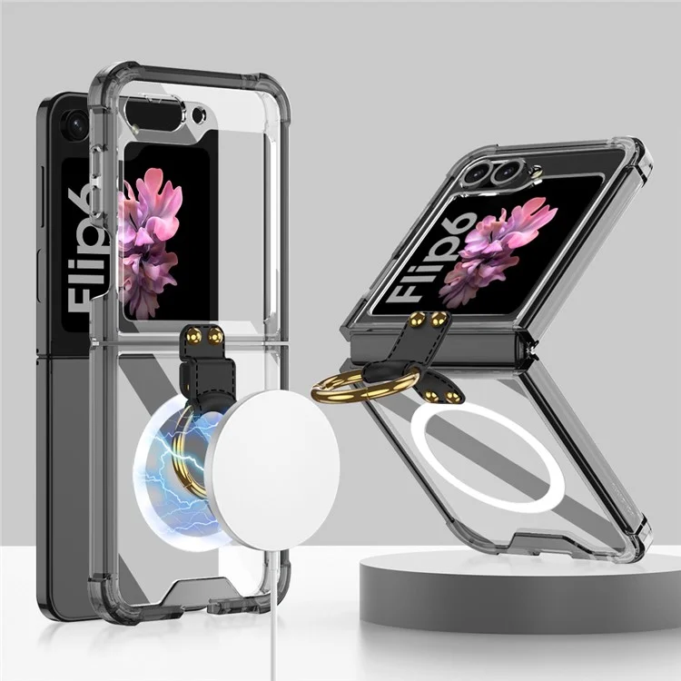 GKK per Samsung Galaxy Z Flip6 5G Custodia con Anello di Supporto TPU Copertina Telefonica Compatibile con MagSafe - Nero Trasparente
