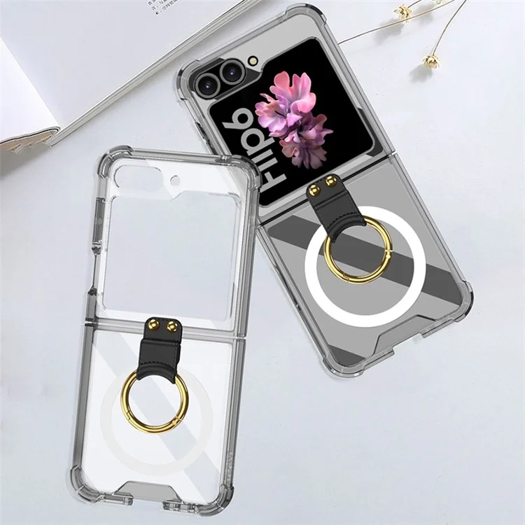 GKK per Samsung Galaxy Z Flip6 5G Custodia con Anello di Supporto TPU Copertina Telefonica Compatibile con MagSafe - Nero Trasparente