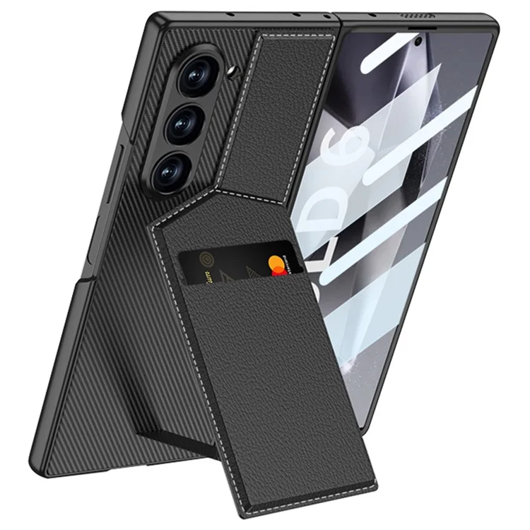 GKK For Samsung Galaxy Z Fold6 5G Phone Case PC+PU Cover with Card Holder Kickstand, Screen Film - Black