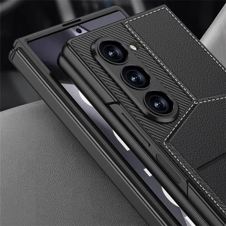 GKK For Samsung Galaxy Z Fold6 5G Phone Case PC+PU Cover with Card Holder Kickstand, Screen Film - Black