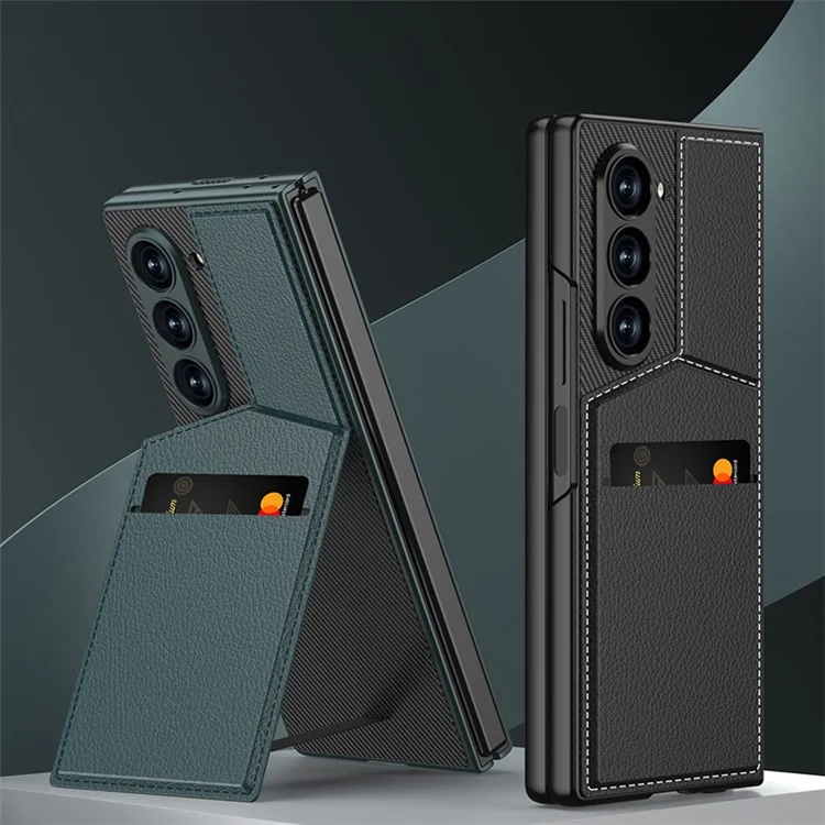 GKK For Samsung Galaxy Z Fold6 5G Phone Case PC+PU Cover with Card Holder Kickstand, Screen Film - Black