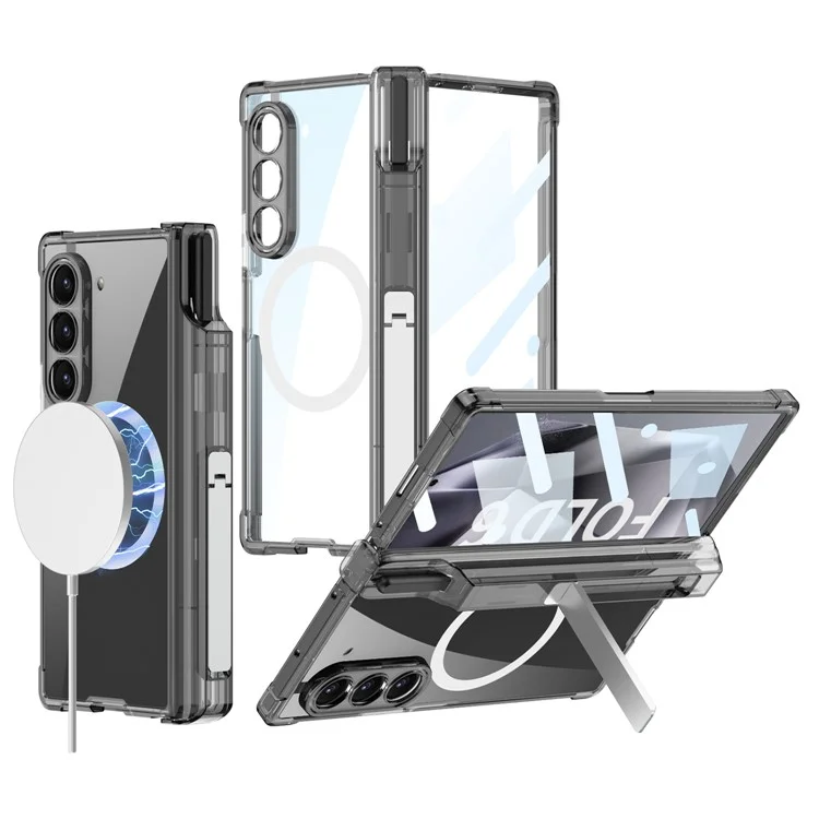 GKK For Samsung Galaxy Z Fold6 5G Case Pen Slot PC Phone Case with Wireless Charging - Transparent Black