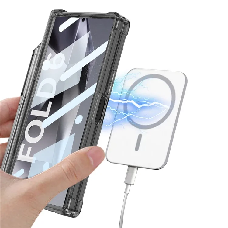 GKK For Samsung Galaxy Z Fold6 5G Case Pen Slot PC Phone Case with Wireless Charging - Transparent Black