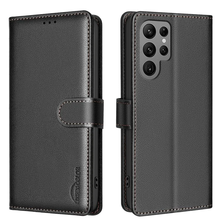 BINFEN COLOR BF32 Para Samsung Galaxy S22 Ultra 5G Funda Textura Litchi RFID Blocking Funda de Teléfono de Cuero - Negro
