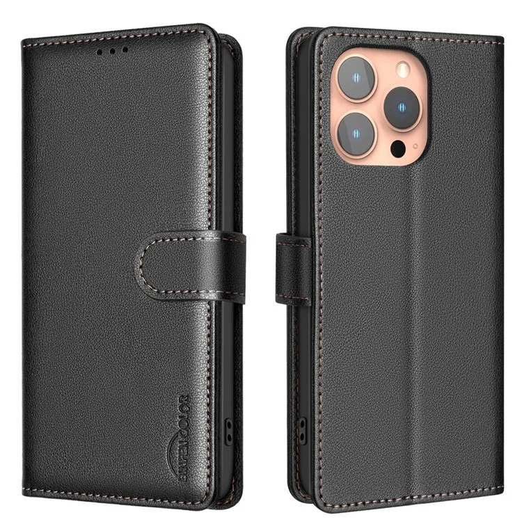 BINFEN COLOR BF32 For iPhone 15 Pro Max Case Litchi Texture RFID Blocking Leather Phone Cover - Noir