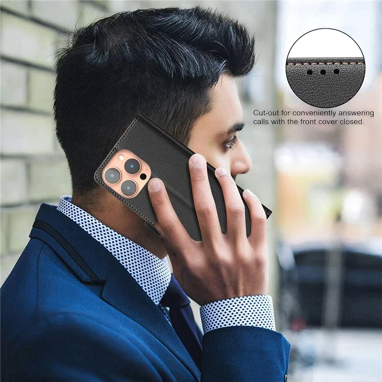 BINFEN COLOR BF32 For iPhone 15 Pro Max Case Litchi Texture RFID Blocking Leather Phone Cover - Noir