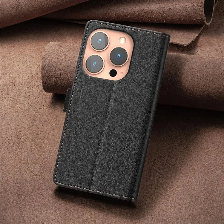 BINFEN COLOR BF32 For iPhone 15 Pro Max Case Litchi Texture RFID Blocking Leather Phone Cover - Noir