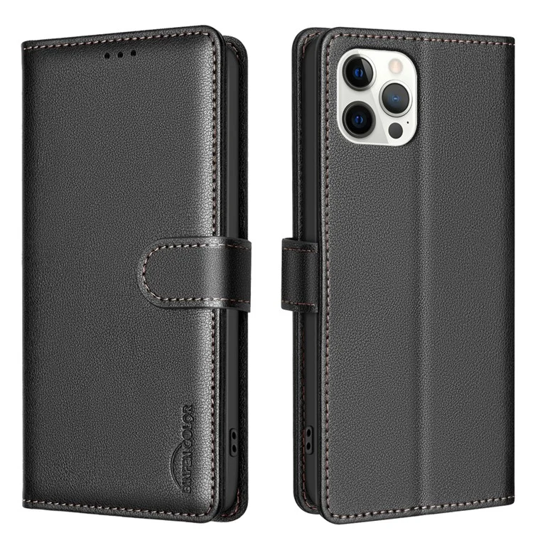 BINFEN COLOR BF32 Pour iPhone 12 / 12 Pro Étui Téléphone Texture Litchi RFID Blocking Housse en Cuir - Noir