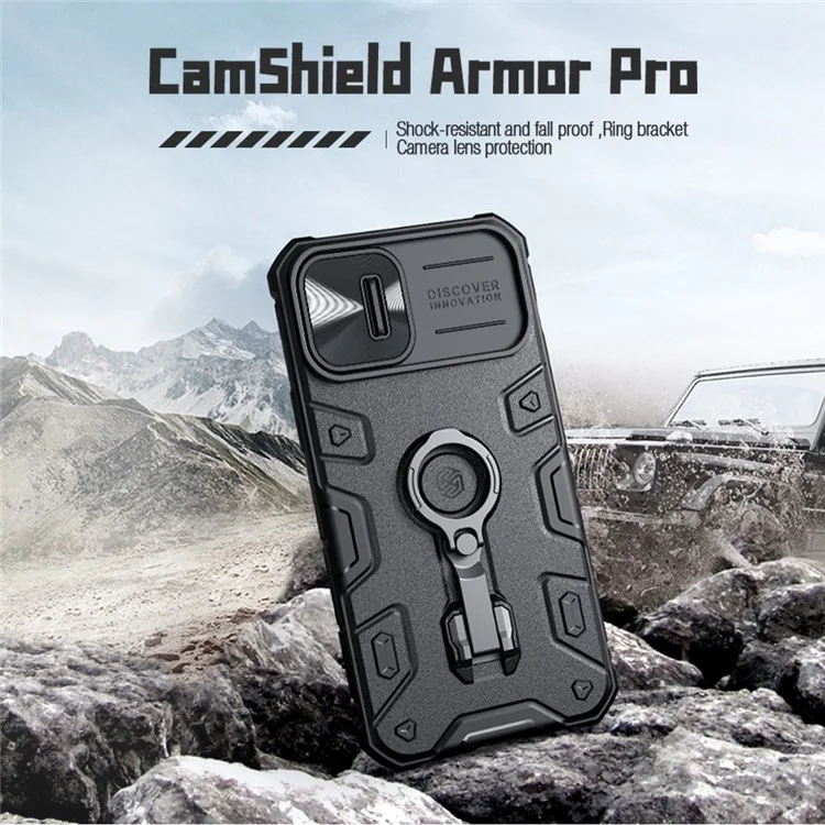 NILLKIN CamShield Armor Pro PC + TPU Case for iPhone 14 / iPhone 13, Slide Lens Protection Tire Texture Kickstand Phone Cover - Blue