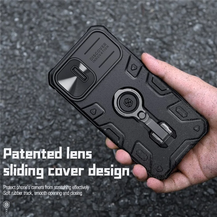 NILLKIN CamShield Armor Pro PC + TPU Case for iPhone 14 / iPhone 13, Slide Lens Protection Tire Texture Kickstand Phone Cover - Blue