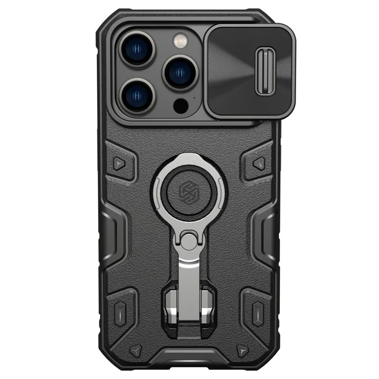 Nillkin Camshield Armour Pro Kickstand Case Pour Iphone 14 Pro Max, Tire Texture Troof Trof PC + TPU Téléphone Couverture Avec Une Protection Contre L'objectif de Diapositives - le Noir