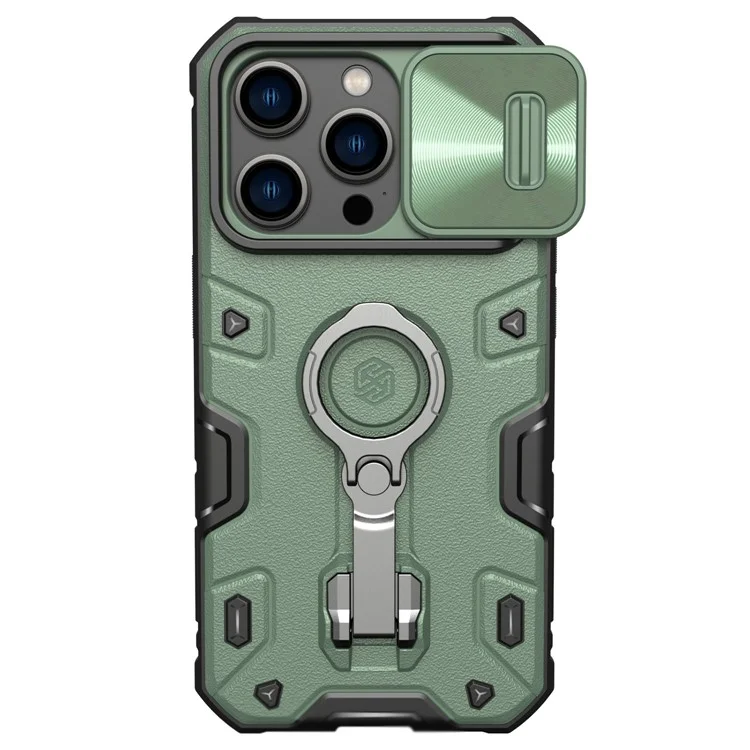 NILLKIN CamShield Armor Pro Kickstand Case for iPhone 14 Pro Max, Tire Texture Drop-proof PC + TPU Phone Cover with Slide Lens Protection - Green