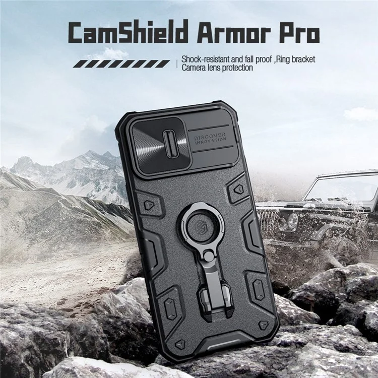 NILLKIN CamShield Armor Pro Kickstand Case for iPhone 14 Pro Max, Tire Texture Drop-proof PC + TPU Phone Cover with Slide Lens Protection - Green