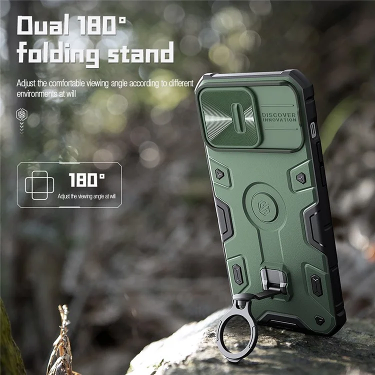 NILLKIN CamShield Armor Pro Kickstand Case for iPhone 14 Pro Max, Tire Texture Drop-proof PC + TPU Phone Cover with Slide Lens Protection - Green