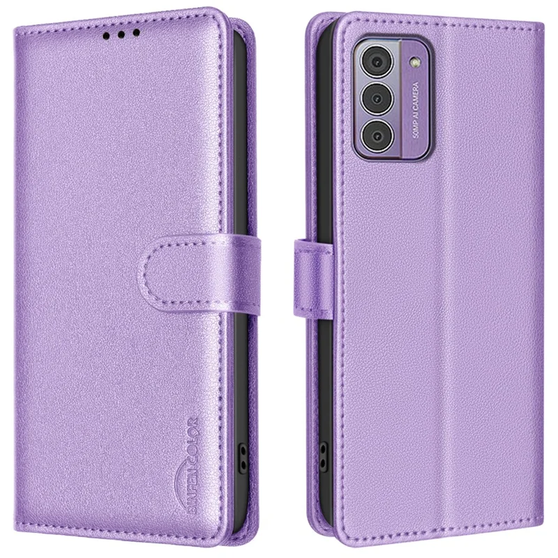 BINFEN COLOR BF32 For Nokia G42 / G310 Shockproof Phone Case Leather Stand Shell RFID Blocking Phone Cover - Purple