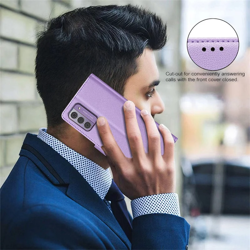 BINFEN COLOR BF32 For Nokia G42 / G310 Shockproof Phone Case Leather Stand Shell RFID Blocking Phone Cover - Purple